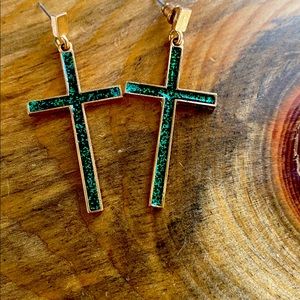 **JEWELRY BUNDLE SALE** green and gold sparkle cross dangle earrings with post